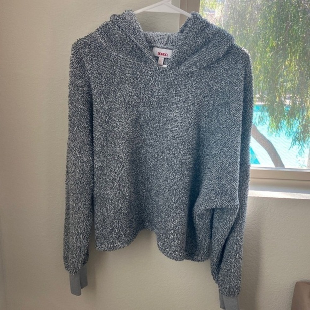 Bongo Womens Y2K XL Grey Marl Eyelash Knit Fuzzy Cropped Pullover Hoodie Sweater - Picture 2 of 5